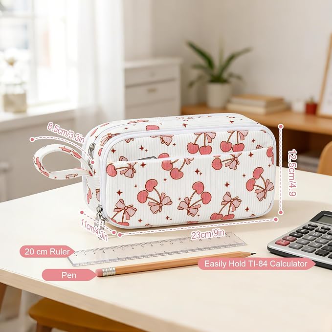 Corduroy Pencil Case, Large Capacity Pencil Pouch with 4 Compartments, Cute Soft Aesthetic Stationery Pen Bag Organizer with Zipper, Portable School Supplies for Teen and Adult Girls, Big Cherry