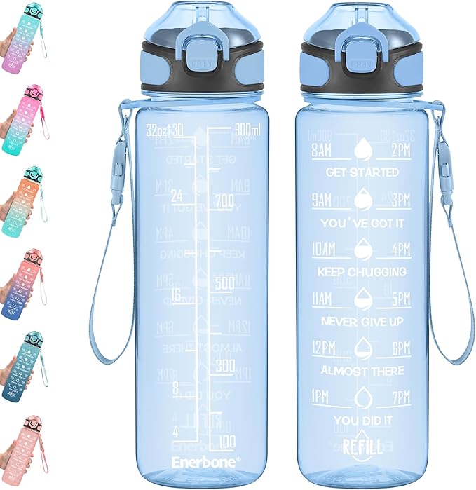 Enerbone 32 oz Water Bottle with Times to Drink and Straw, Motivational Drinking Water Bottles with Carrying Strap, Leakproof BPA & Toxic Free, Ensure You Drink Enough Water for Fitness Gym Outdoor