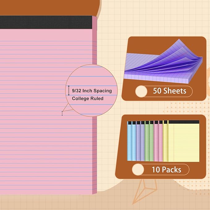 Legal Pads 8.5 X11, Narrow Ruled Notepads, 10 Pack, 50 Sheet/Pad, Colored Legal Pads, Tear Off Notepad, Perforated Writing Pad, Notebook Paper College Ruled, Notepads For Office Home School
