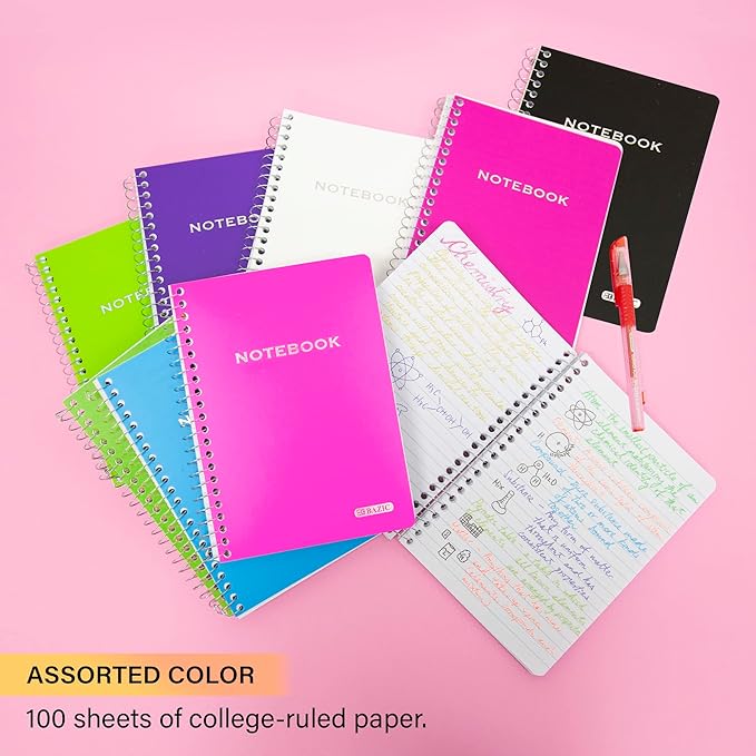 BAZIC PRODUCTS Spiral Notebook, Composition Book, 5" x 8" Poly Cover Spiral Notebook, College Ruled 100 Sheet Notebook for School, Office, & Home Use, Assorted Color, 36-Pack