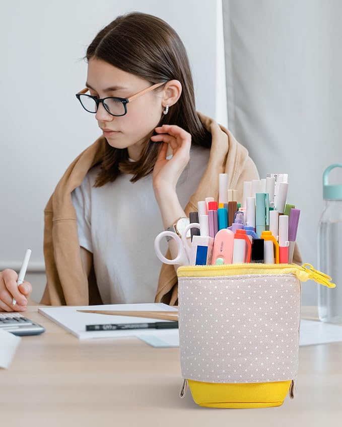Sooez Standing Pencil Case, Cute Stand up Pencil Pouch, Telescopic Pen Pouch, Portable Pencil Holder, Cute Stand up Pencil Case, Spacious Pencil Pouch Bag for School Office Supplies Yellow