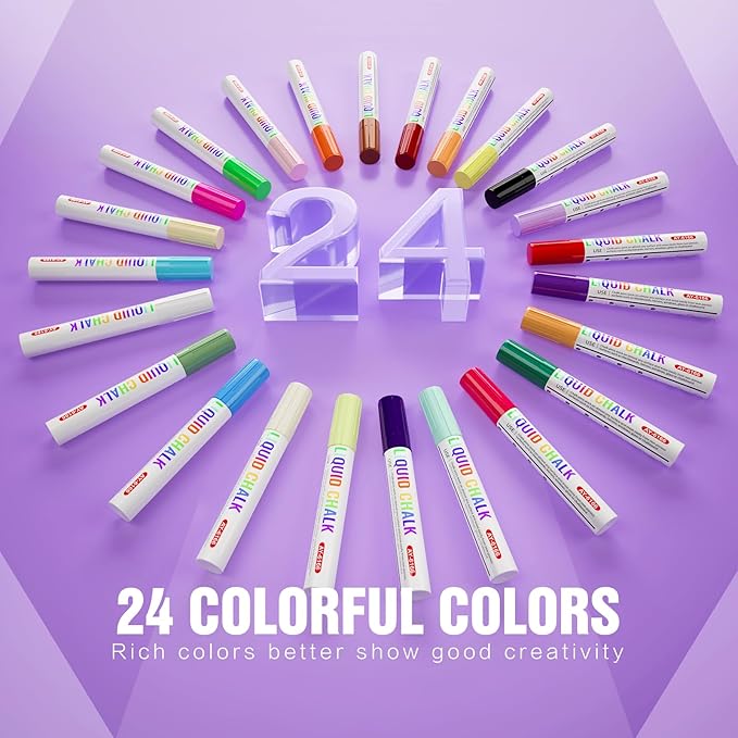24 Colors Liquid Chalk Markers Dry&Wet Erase for Blackboard, Whiteboard, Chalkboard, Calendar, Chalk Marker with 6mm Reversible Tip for Car, Window, Glass, Auto, Paint and Drawing Washable Chalk Pens