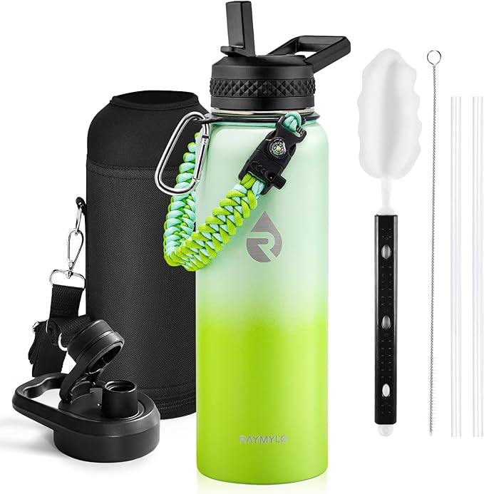 RAYMYLO Insulated Water Bottle 40 oz, Triple Wall Vacuum Stainless Steel (Cold for 36Hrs, Hot for 18Hrs), Leak Proof & Non-BPA, Modern Water Flask Jug with Paracord Handle & Straw Spout Lids