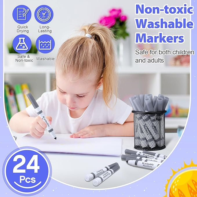 24 Pcs Washable Markers Bulk Broad Line Markers Coloring Conical Tip Large pens for Kids art projects, Teachers, Students, Toddlers, Party Favors, Classrooms, Donations(Gray)