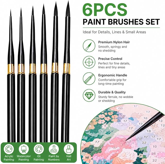 6Pcs Paint by Numbers Kit for Adults Acrylic Paint Brushes Set,Professional Travel Fine Tip Detail Paintbrushes for Watercolor Gouache Oil Face Painting,Miniature,Model,Figurine,Craft
