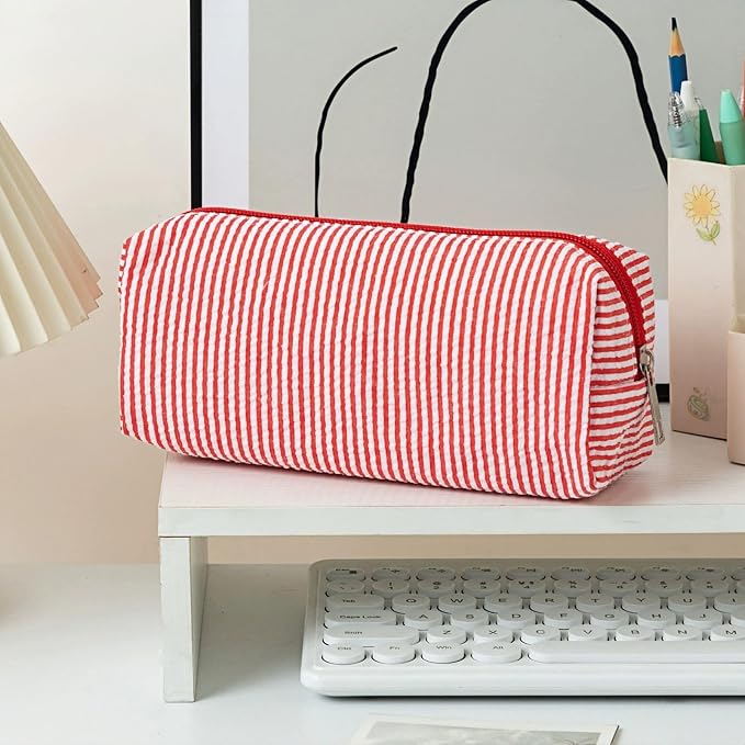 Cute Large Capacity Pencil Case | Aesthetic Striped Pencil Pouch for Office Supplies Organizer (Red)