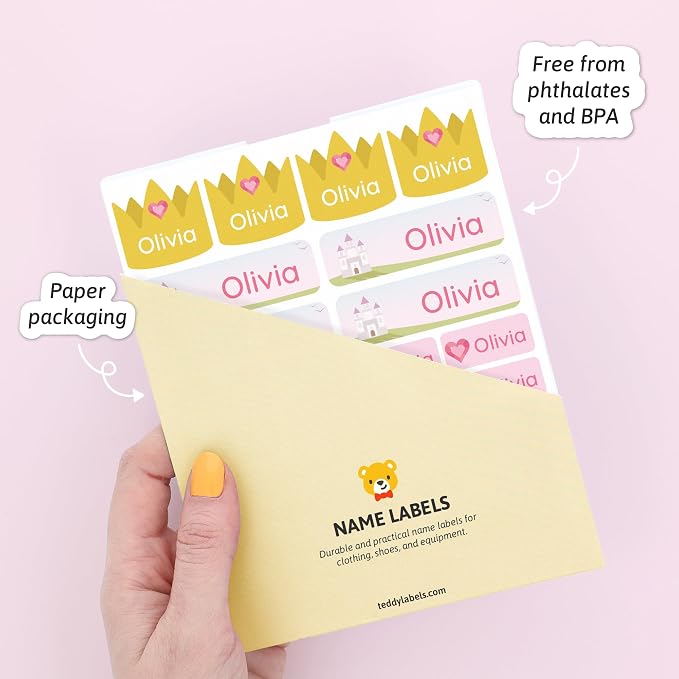 Personalized Daycare Name Labels (84) – Daycare Labels & Name Stickers for Kids – Labels for Kids Stuff Daycare – Waterproof for Baby Bottles, Clothing & Lunch Boxes - Princess Heart