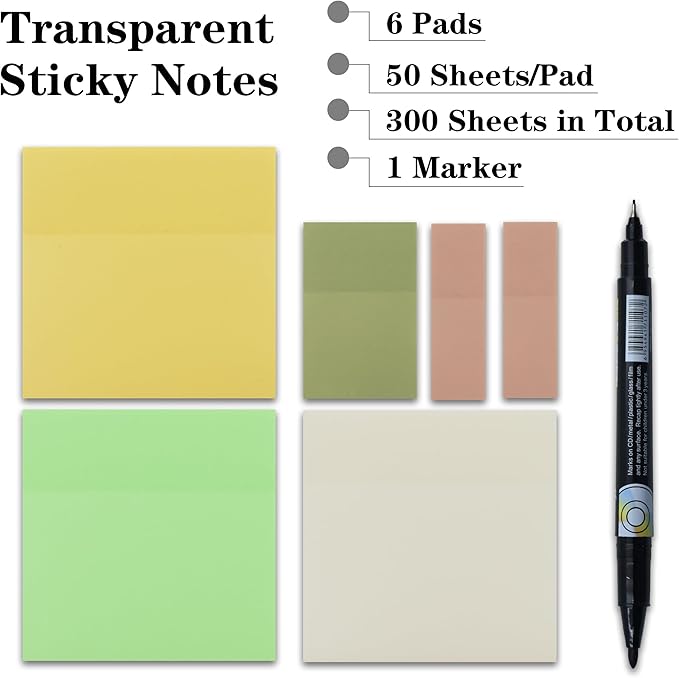 YOUDEFUL Transparent Sticky Notes, 3"x3" Clear Sticky Notes, Waterproof Translucent Sticky Note Pads for Books Annotation, Clear Post it Notes for Bible Journaling Study, School Office Supplies