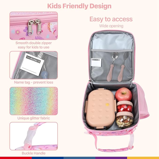 Bagseri Kids Lunch Bag with Shoulder Strap - Insulated Crossbody Girls Lunch Box for School & Travel, Reusable Large Meal Tote with Bottle Holder, Fits Bento Box, Pink Unicorn