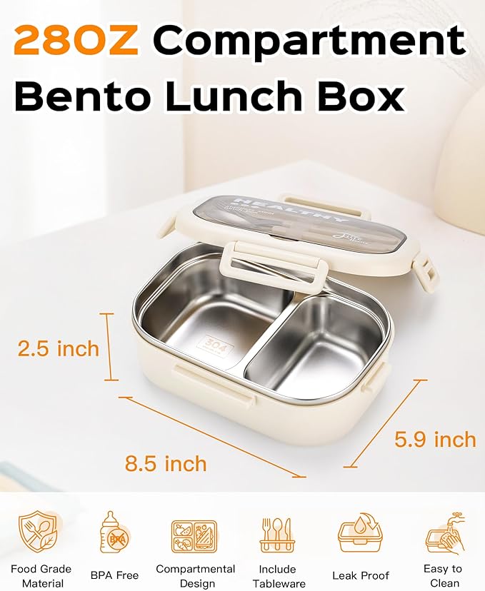 Lille Home 28oz Stainless Steel Leakproof 2-Compartment Bento Lunch Box/Portion Control Food Container with Lunch Bag and Cutlery Set, BPA Free (Beige)