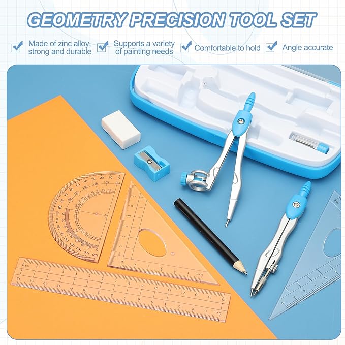 PATIKIL Geometry Precision Tool Set, 11 Pcs Geometry Set Compass Tool with Shatterproof Storage Box Rulers Math Compass Kit for Math Drafting Supplies, Rose Red(Style 2)