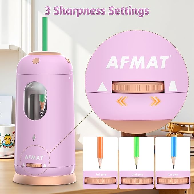 AFMAT Electric Pencil Sharpener, Auto in & Out, Fully Automatic Pencil Sharpener, Rechargeable Hands-Free Sharpeners for Jumbo & Colored Pencils (7-11.5mm), Good for Classroom/Home PSC8(Light Purple)
