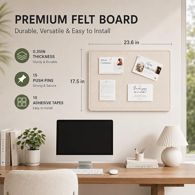 Felt Bulletin Board for Wall 24" x 18" Unfolded Size, Small Frameless Felt Pin Board, Soft Cork Board Alternative for Office, Home Planning, Notes, Photos & Wall Decor, Foldable Shipping, Easy Install