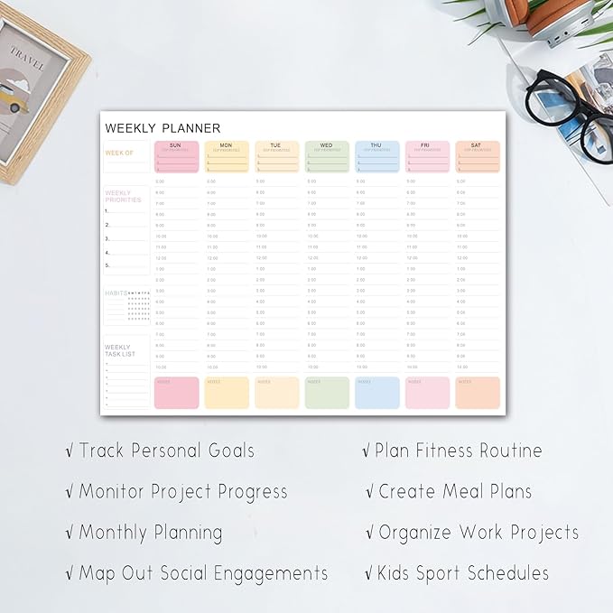 Undated Weekly Hourly Planner Notepad, Tear-Off ADHD Planner,Weekly Planner,Weekly Schedule Planner,Weekly To Do List Notepad(52 Sheets,8.5"x11",Macaron Color)