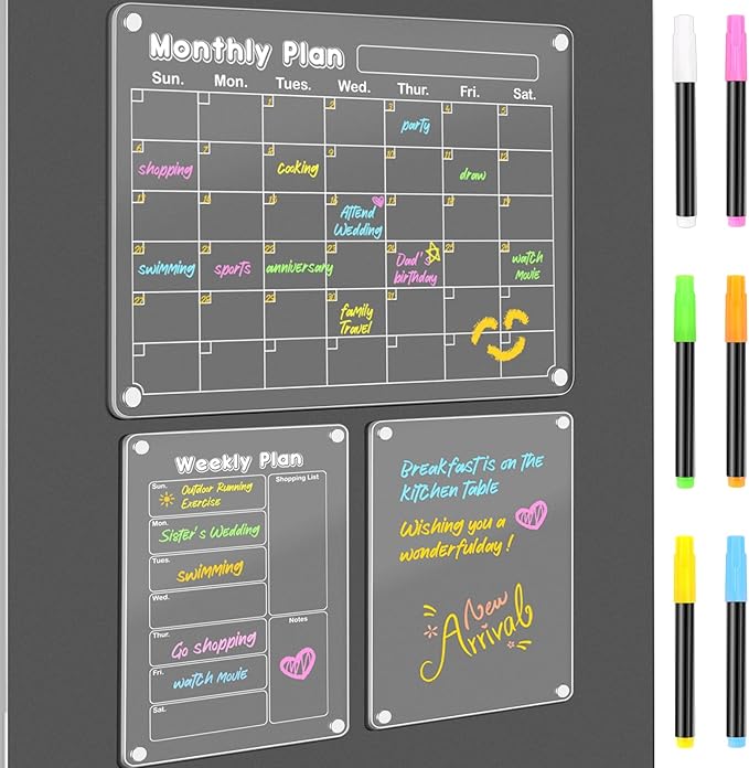DIYMAG Planning Pads 3Pack Acrylic Magnetic Dry Erase board for Fridge,15"x11" Set Magnetics Weekly Monthly Wall Planners Board for Refrigerator with 6 Colors Markers