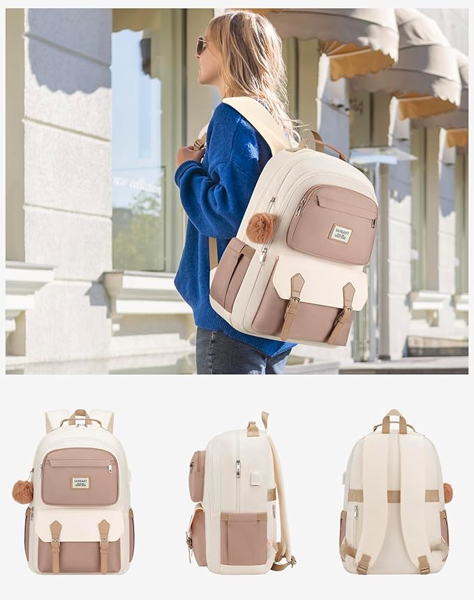 17.3in School Backpack for Teen Girls, Cute Laptop Bookbag for Women College Students Aesthetic Schoolbag Middle High School Travel Mochilas Niñas, Khaki Beige