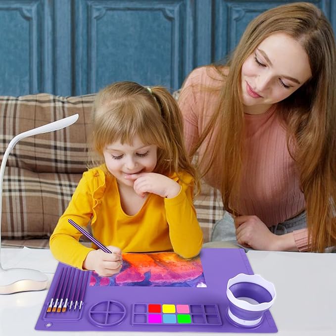DIYDEC Silicone Art Mat 20x16 Inch - Large Silicone Painting Mat with Detachable Cup, 10 Painting Brushes, 5 Sponge Brushes - Kids & Adult DIY Accessories (Purple)