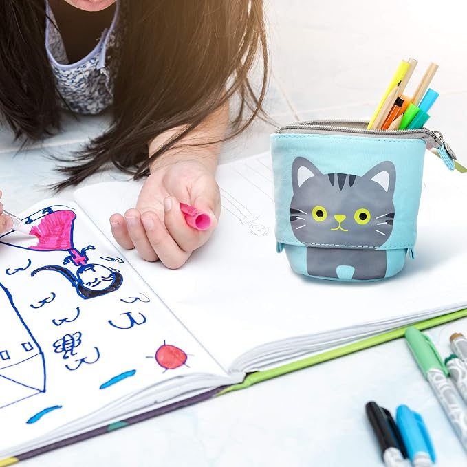 Zonon 4 Pieces Standing Pencil Case Cat Print Telescopic Pencil Case Stand up Pen Holder Canvas PU Cartoon Portable Makeup Bag for School Office Cosmetics Gift Supply(Cat Print)