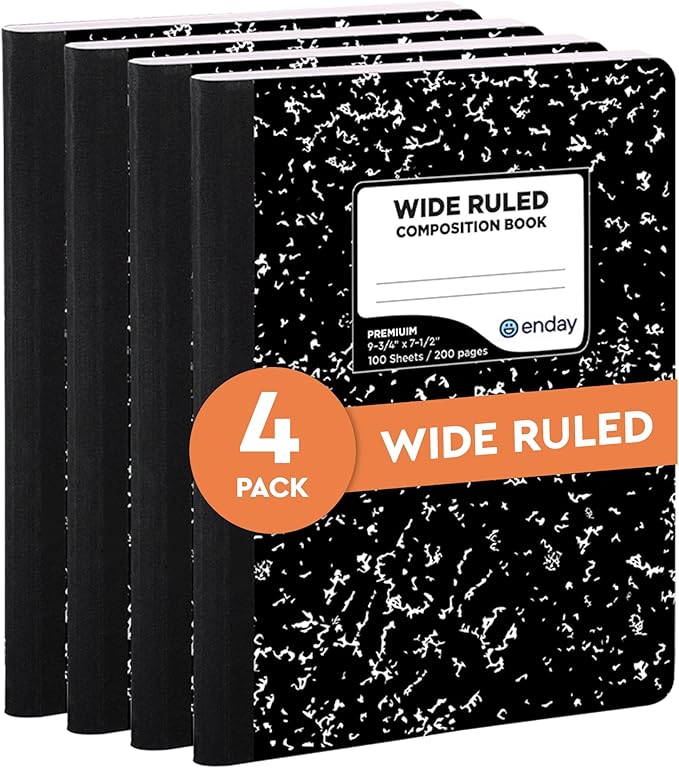 Emraw Marble Composition Notebook Wide Ruled Black and White Composition Books 100 Sheets (4 Pack) - By Enday
