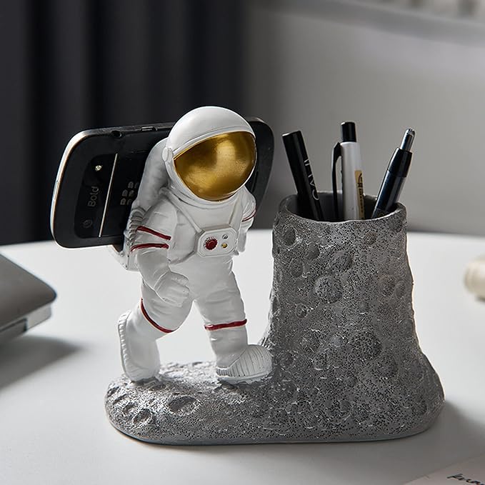 Astronaut Pen Pencil Holder with Phone Stand, Resin Spaceman Pen Container Cell Phone Stand for home Office Desktop Decoration, Gifts for Space Lovers, Gifts for Christmas