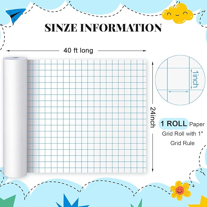Jetec 1 Roll Large Grid Graph Paper Roll 1'' Grid 23.6 Inch x 39ft Sewing Pattern Paper for Back to School Classroom Teaching Drafting Supplies Kids Students Gifts