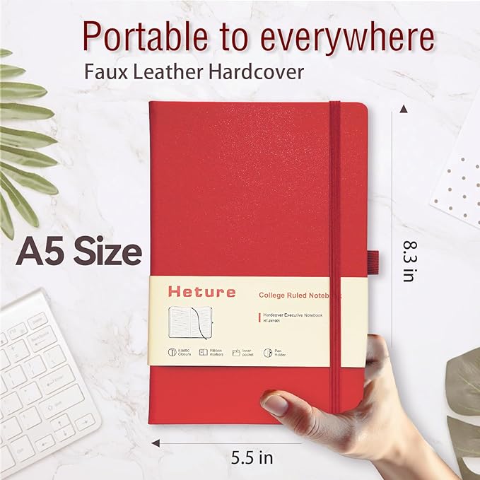 Heture Hardcover Notebooks, A5 Lined Journals Notebook for Writing 160 Pages, 8.2 x 5.5 inch, Classic Ruled Notebooks for College/Work/Travel(Lined-3 Pack, Red)