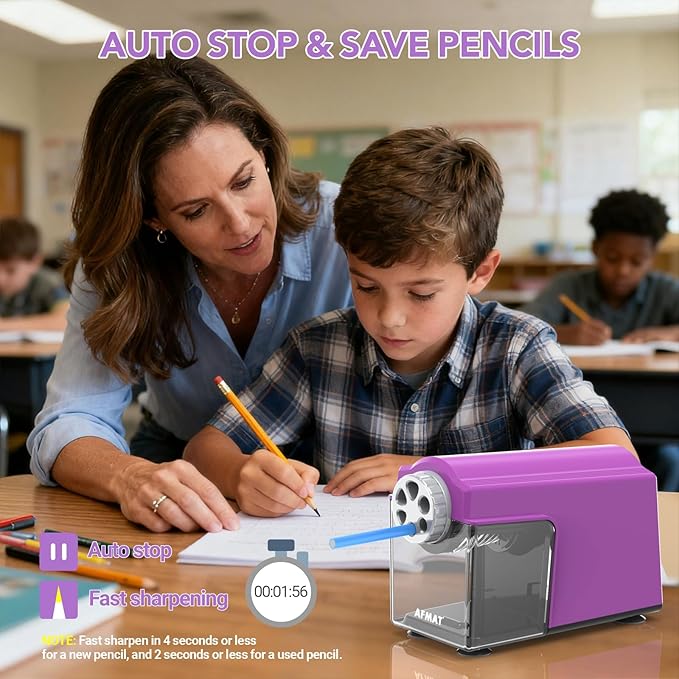 AFMAT Electric Pencil Sharpener for Classroom, 6 Holes, Cordless & Rechargeable, Super Fast, Auto Stop, 10K+ Uses, Heavy Duty Pencil Sharpener for 6-11mm No.2/Large/Colored Pencils PSD4(Purple)
