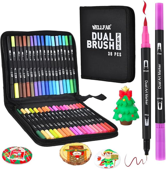 Coloring Markers for Adults/Teens/Kids, Dual Tip (Brush/Fine Point) Art Marker No Bleed/Non Bleeding, Gel Acrylic Paint Pen Set for Coloring Books,Sketching,Drawing,Rock Painting,Journaling. 36 Colors
