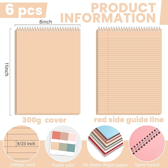 gisgfim 6 Pcs Morandi Top Bound Spiral Notebooks 8.5" x 11" College Ruled Aesthetic Legal Pad Steno Pads Colored Paper Assorted Covers Wirebound Notepad for Writing School Office Supplies