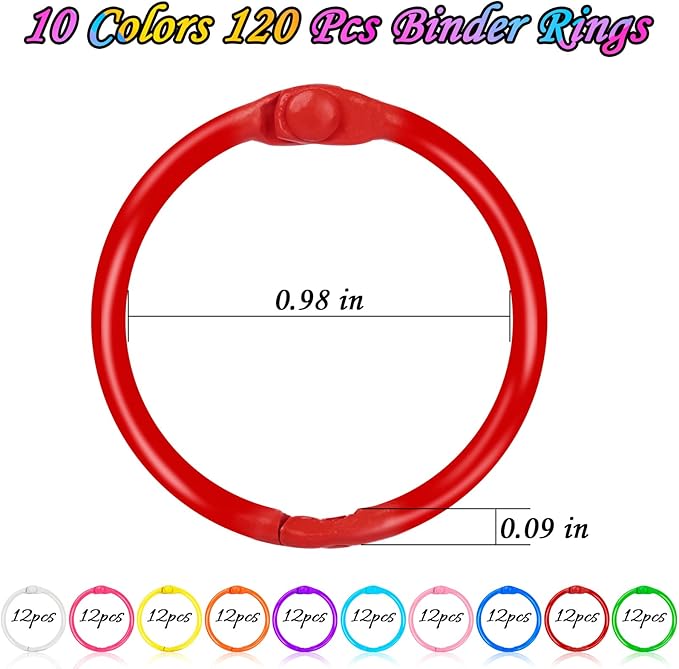 120 pcs Loose Leaf Binder Rings, Flash Card Ring Colorful Metal Book Ring Rainbow Heavy Duty Notebook Rings, Keychain 1 Inch 10 Colors