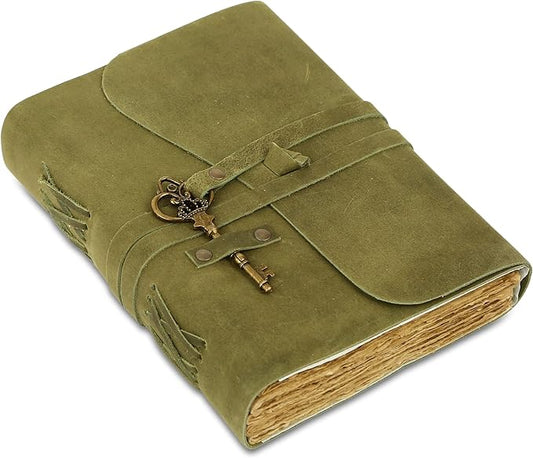 Leather Journal with Deckle Edge Paper 8x6 inch and Vintage Key | Handmade Writing Notebook Diary | Bound Daily Notepad for Men & Women Medium, Sketch/Writing pad for Artists