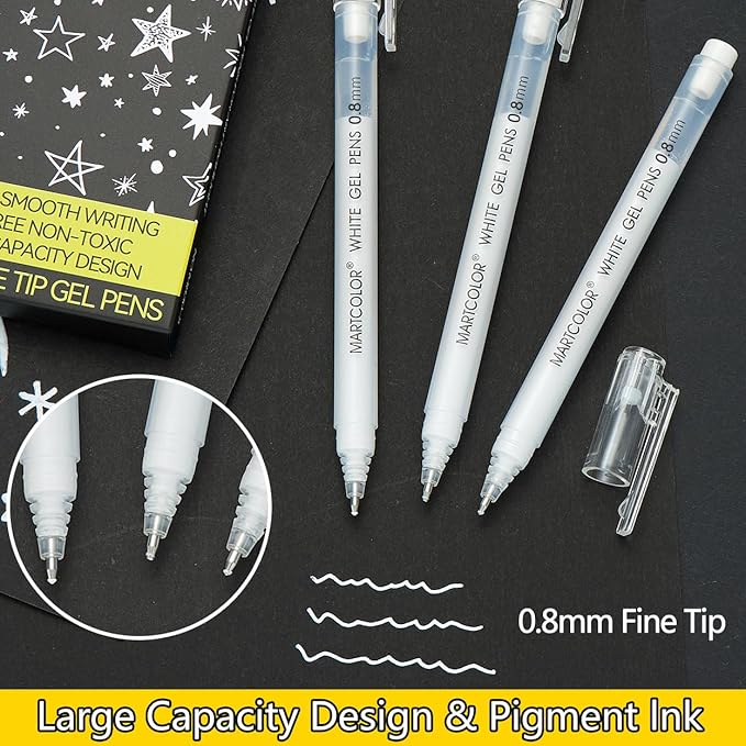 MARTCOLOR White Gel Pens, 0.8mm Extra Fine Point Opaque Archival Ink Pen for Black Paper Drawing, Art Highlight, Illustration, Bullet Journaling, Card Making & DIY Projects, 3 Pack