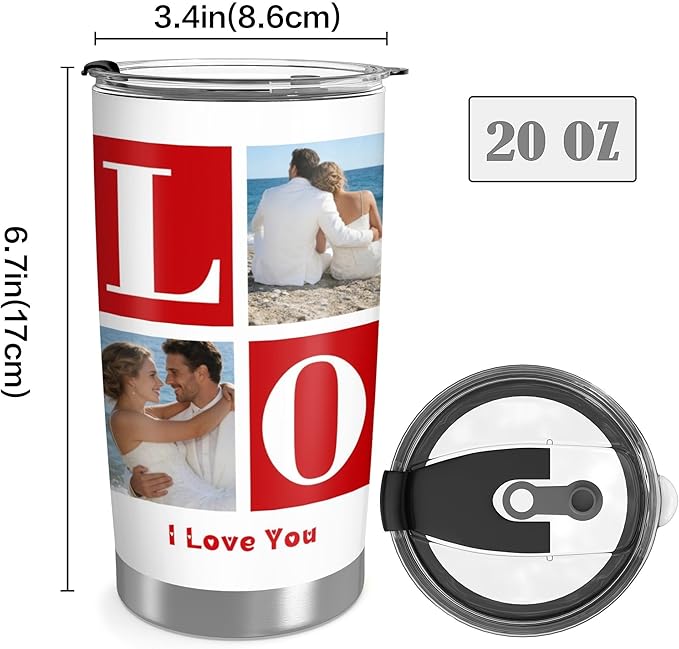 Personalized Tumbler Custom Vacuum Insulated Travel Mug Customizable Coffee Cup with Your Photos and Text Christmas Birthday Gift (LOVE-4 Photos)
