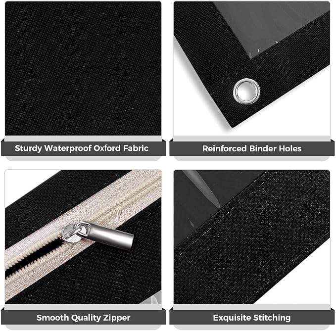 SKYDUE Pencil Pouch for 3 Ring Binder, 9.8" x 7.3" Clear Window Pencil Bag | Zipper Pencil Pouches for Girls Boys, Black Pencil Pouch with 3 Reinforced Grommets, Durable Organizer for School Supplies