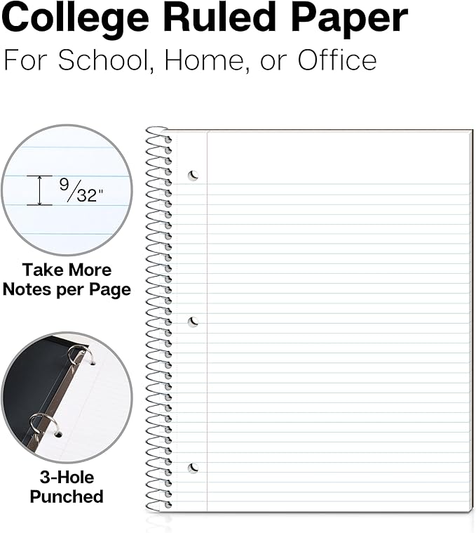 Dunwell College Ruled 1 Subject Notebook, 80 Sheets, Spiral Notebook with 8.5 x 11 Paper, Protective Plastic Cover, Divider with Pockets, Perforated Pages, 3-Hole Punched