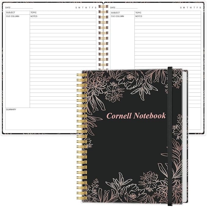 Yaridar A4 Cornell Notes Notebook - 8.5" x 11" College Spiral Cornell Notebooks for Note Taking, Subject College Ruled Steno Pads for Office School/Home, Black Flower