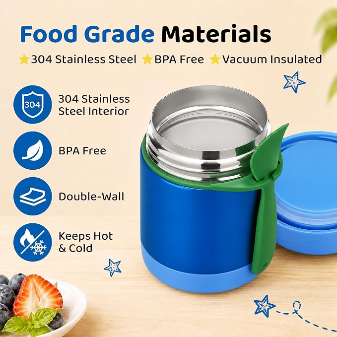 10oz Soup Thermo for Hot Food Kids Insulated Food Jar,Thermo Hot Food Lunch Container, Width Mouth Stainless Steel Lunch Box for Kids with Spoon (Blue)