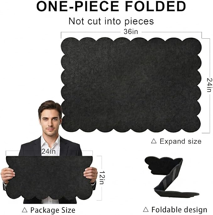 Scalloped Bulletin Board, 36x24 Scalloped Felt Bulletin Board, 3' by 2' Trifold Foldable Picture Display with 20 Pins & 5 Cute Decors - Black