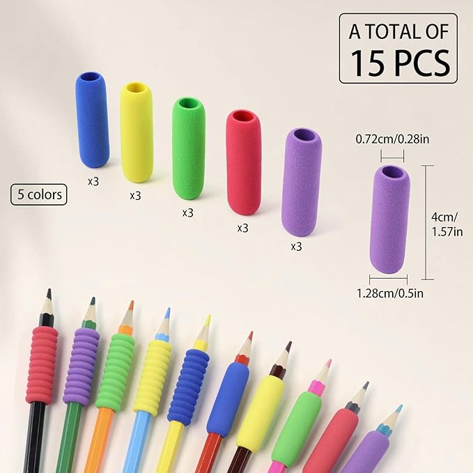 Pencil Grip Soft Foam Pencil Grips for Handwriting 1.5 Inch Comfort Pencil Holder for Writing Aid 5 Color (15 Pcs Classics)