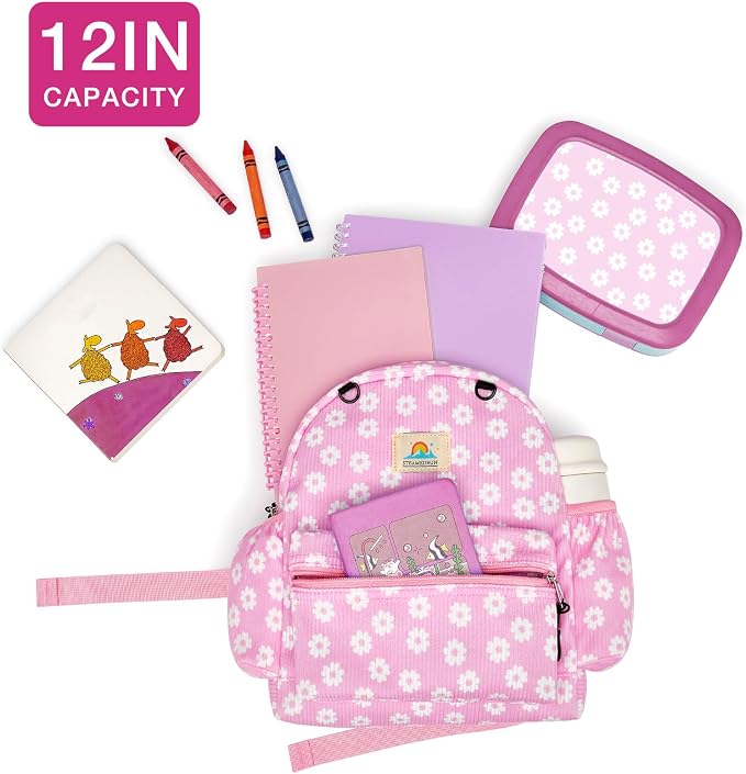 STEAMEDBUN Corduroy Toddler Backpack for Girls 2-4: Kids backpack for Boys Girls - 12 inch Preschool Kindergarten Backpacks - Pink Daisy