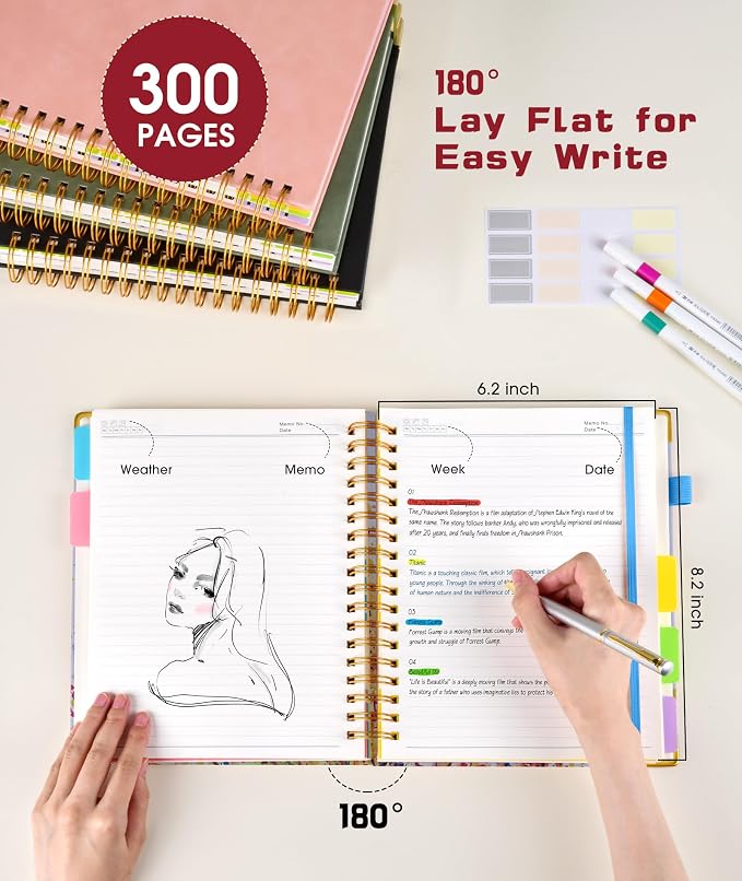 Hardcover Spiral Notebook journal with Removable Dividers Tabs, 300 Pages 5 Subject Notebook College Ruled, 100GMS Notebooks for Work School Note taking,Lined Journal for Women,A5 Colorful Feather