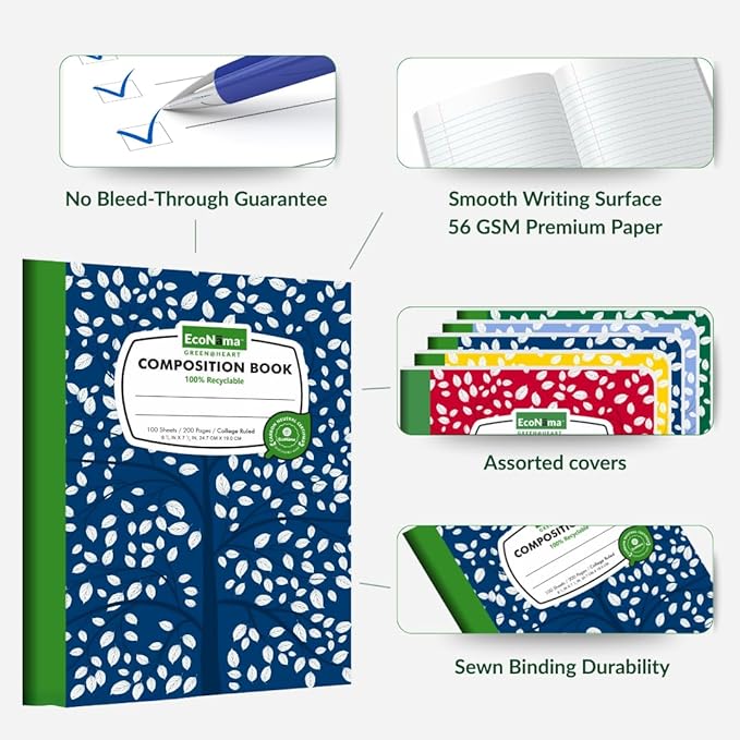 Composition Notebooks Pack of 48 Wide Ruled 200 Pages (100 Sheets) 9.75"x7.5" Carbon Neutral Recyclable Paper Eco-Friendly School & Office Supplies For Students and Professionals Assorted Color