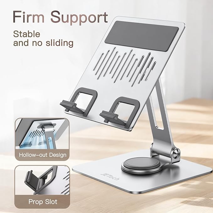 JETech Tablet Stand, Adjustable Swivel Desktop Holder with 360 Degree Rotating Base, Foldable Cradle for iPad/iPad Air/Pro/Mini, Galaxy Tab A11/A9/S11/S10 FE, Tab/Phones(4-13"), Silver