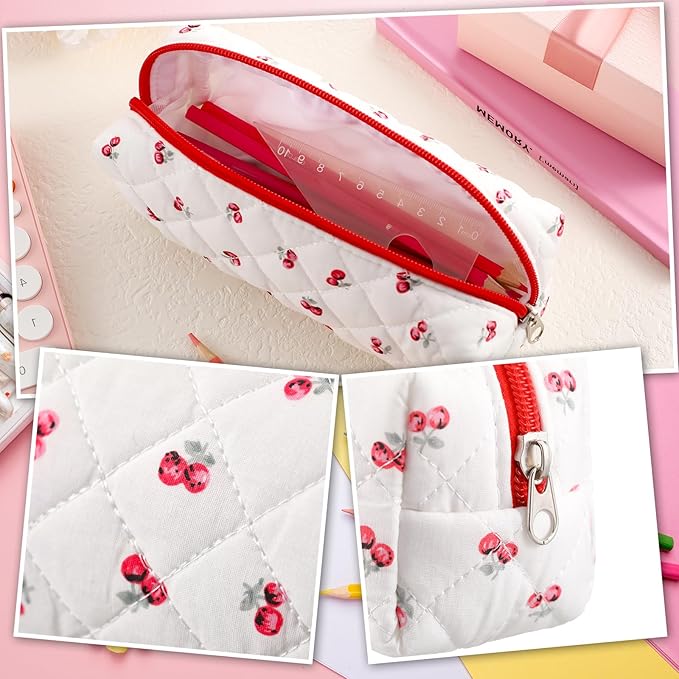 Sherr Cherry Pencil Case Cute Pencil Pouch Soft Cotton Quilted Storage Bag Aesthetic Pattern Gift Makeup Pouch Cosmetic Travel Bag for Women