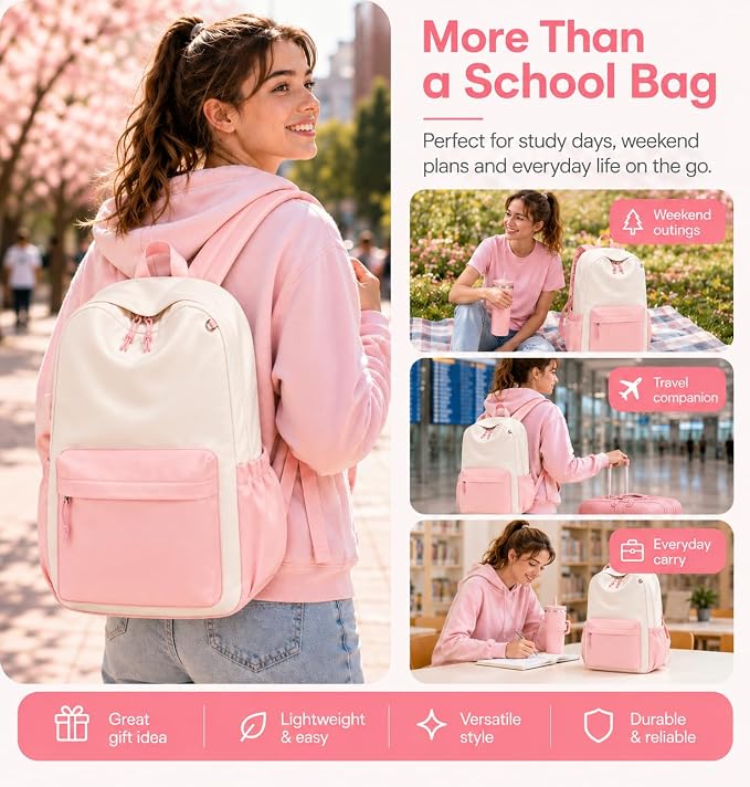 LOIDOU Backpack for Girls School Backpacks Bookbags for Elementary Middle School Women Laptop Backpacks (Pink White-, L-17)