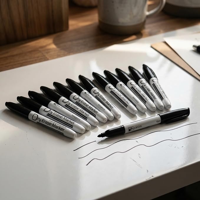 Volcanics Black Dry Erase Markers Low Odor Fine Whiteboard Markers Thin Box of 12