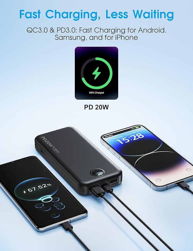 citicr Portable Charger, 10000mAh PD20W Fast Charging Power Bank with Built-in Cables & Wall Plug, External Battery with LED Display, Travel Battery Bank for iPhone, iPad, Samsung Matte Black