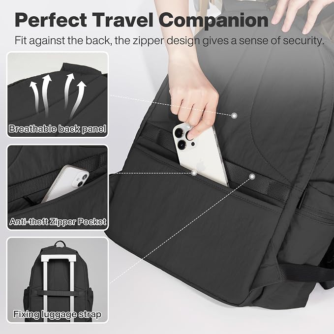 mixi 15 Inch Casual Travel Daypack, Lightweight Laptop Backpack, Black | Ultra Light Backpack, Fits 14in Laptop, Water/Oil/Stain Resistant, Anti-Theft Pocket&Luggage Strap for College Work Hiking