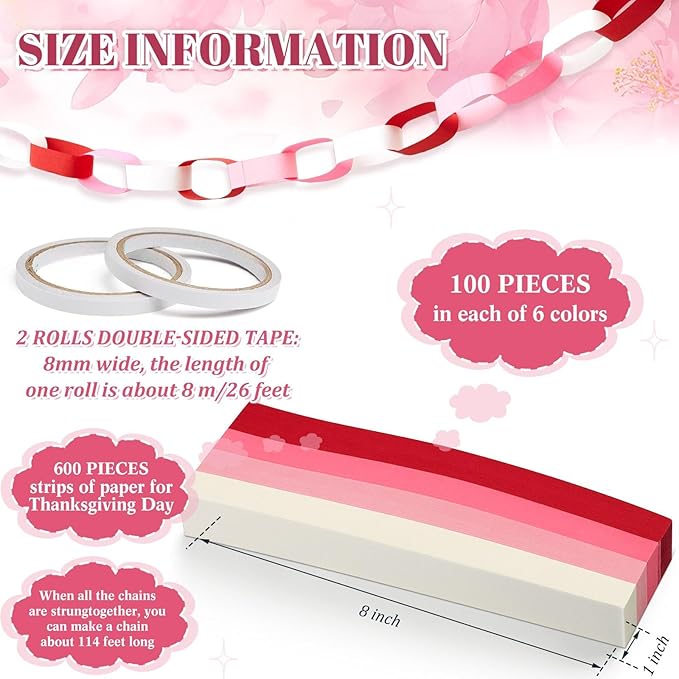 Lincia 600 Sheet Paper Chain Garland Strips 1x8 Inch with Double Sided Tape, DIY Construction Paper Chains for Birthday Wedding Holiday Party Decorations, Crafts Supplies (Pink Gradient)