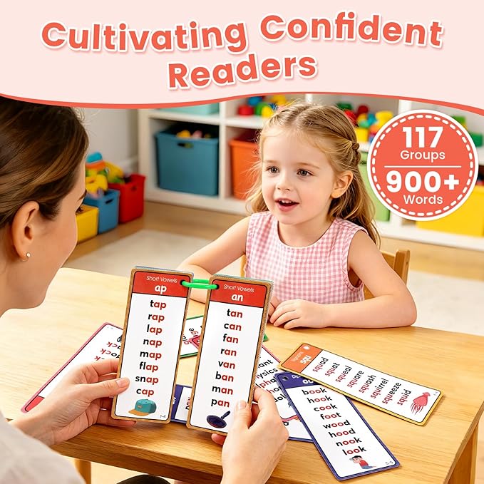 Phonics Flashcards for Kids Ages 4-8, 60 Pcs Words Phonics Word Lists Cards, 117 Phonics Groups with 900+ Rhyming Words, Early Educational Learning Games for Preschool, Kindergarten